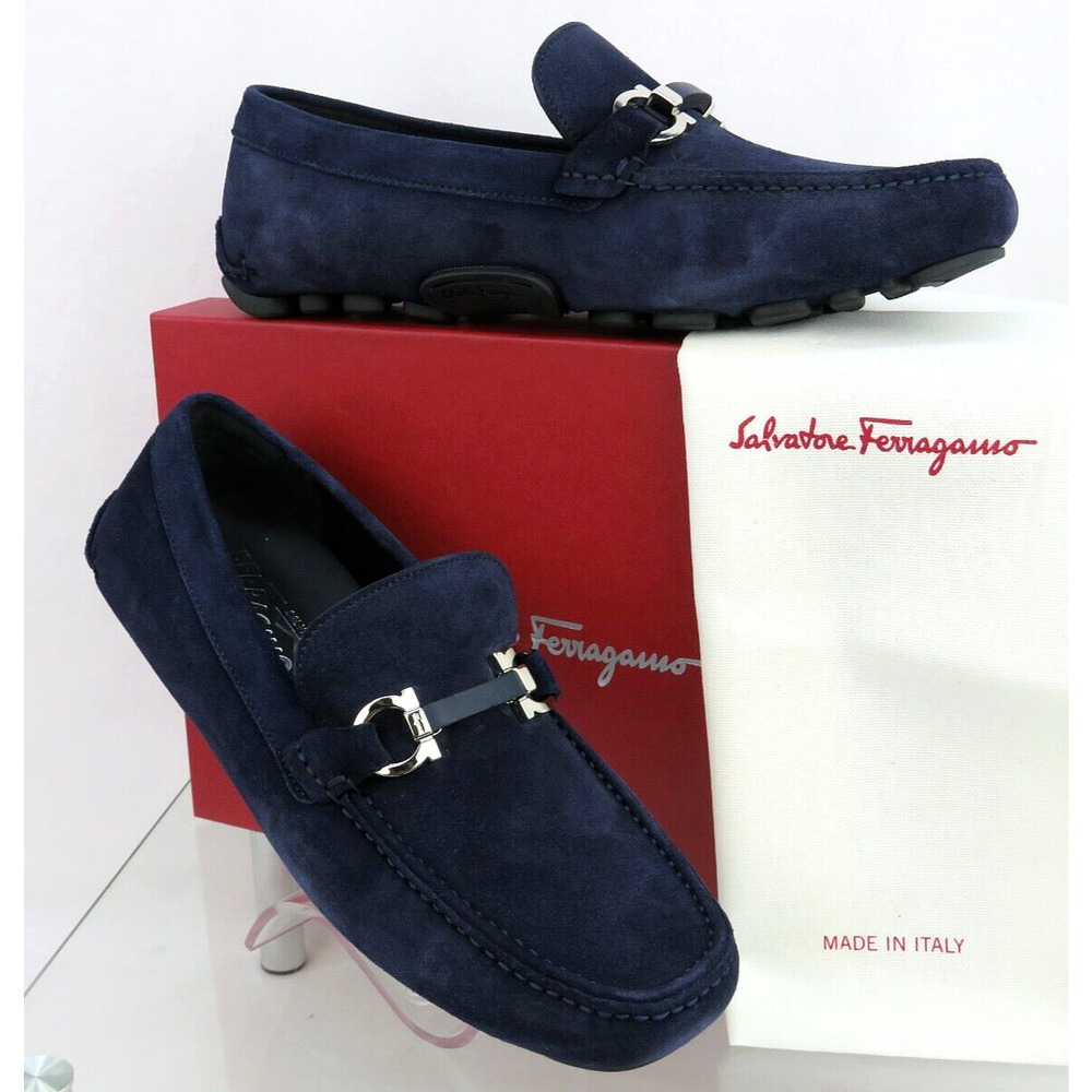 FERRAGAMO SALAMANCA NAVY SUEDE GANCINI BIT MOCCASIN DRIVING LOAFERS US 8.5 EE